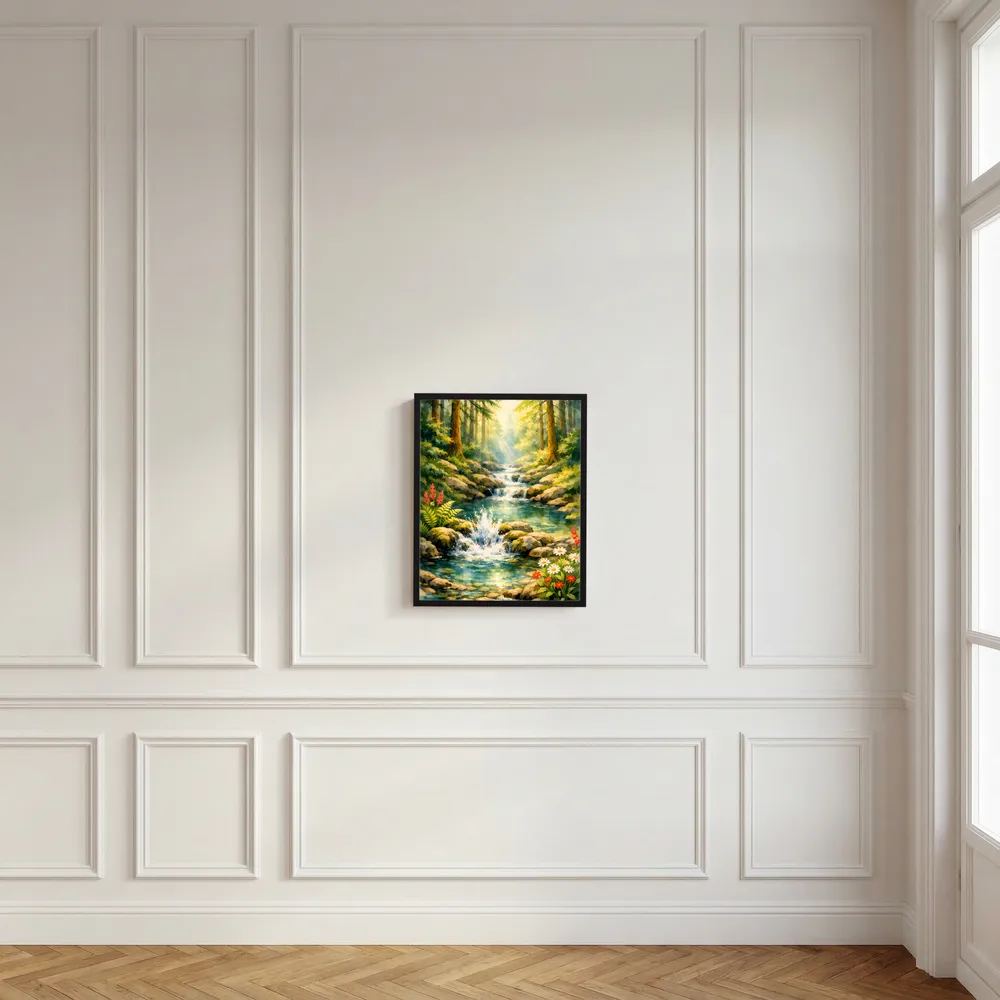 Gerahmtes Hochformat-Poster mit Sonnenlicht im Wald, Bach und Wasserfall