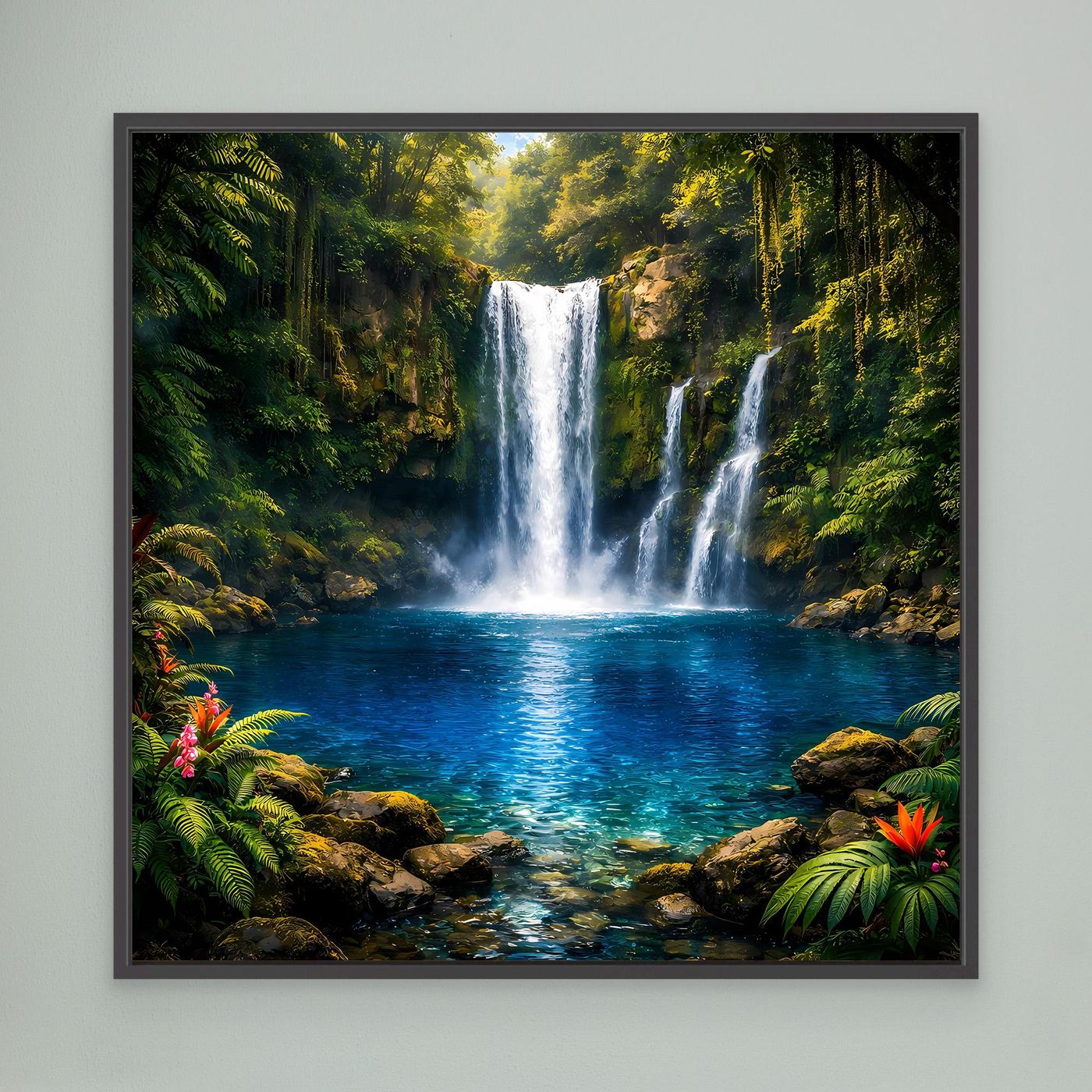 Leinwandbild tropischer Wasserfall mit schwarzem Rahmen