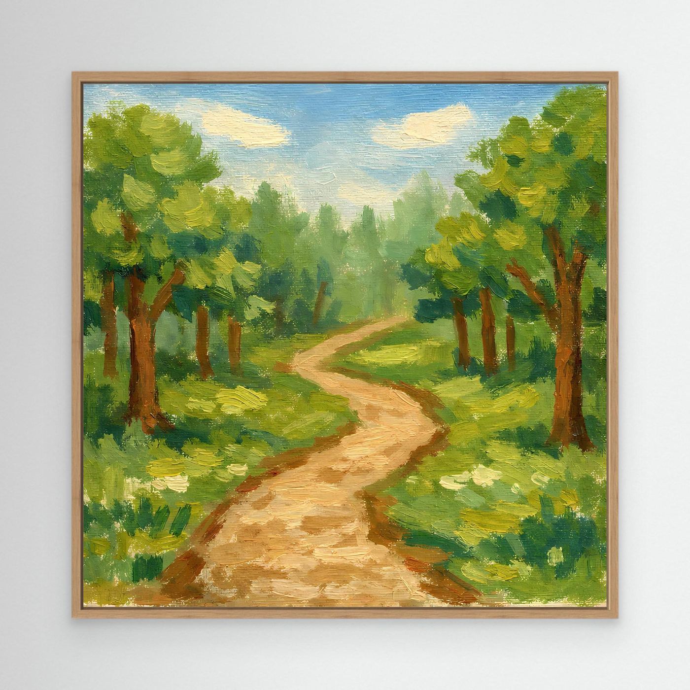 Leinwandbild „Idyllischer Waldweg“ mit Eichenrahmen: gepinselter Waldweg in Grün.