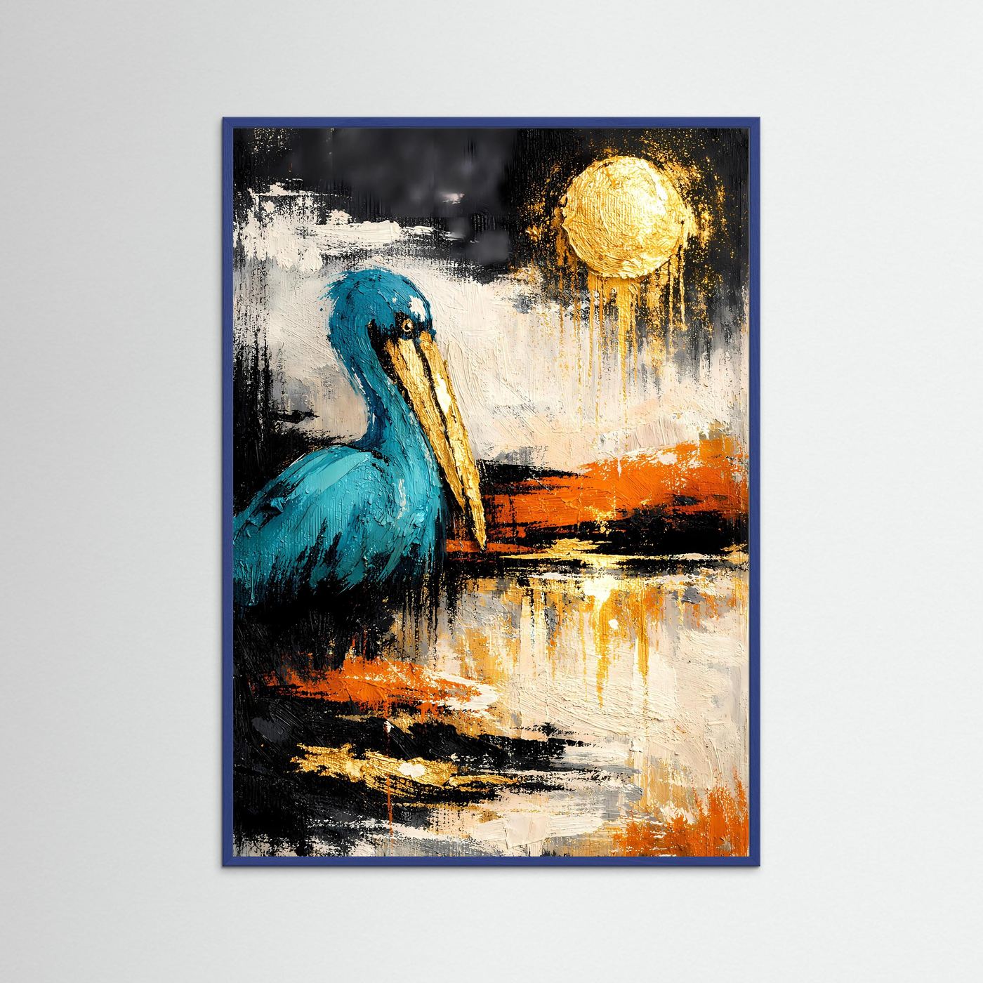 Pelikan-Kunstposter hochformat im blauen Holzrahmen, abstrakt: türkisfarbener Vogel