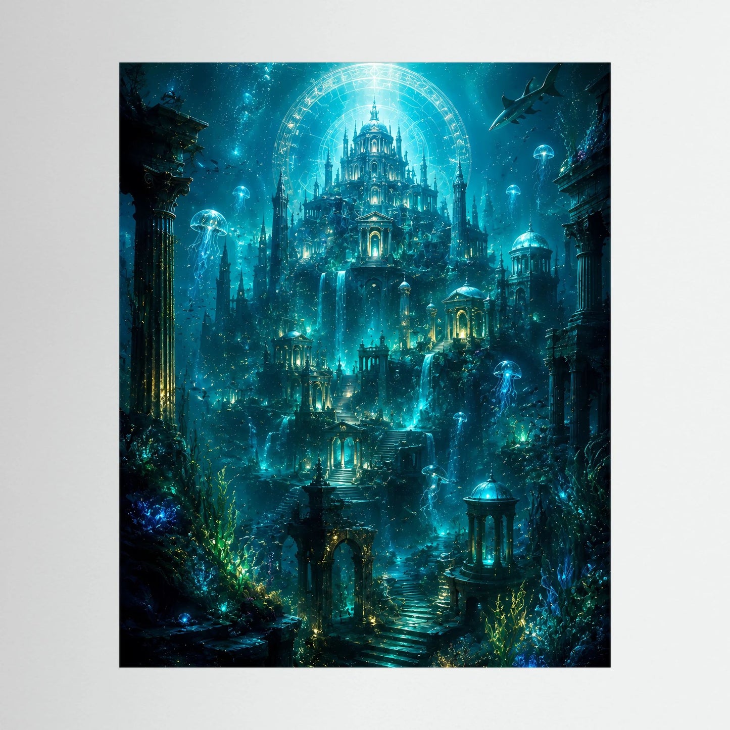 Hochformat-Poster mit leuchtender Unterwasserstadt und gewölbtem Tempel in Türkisblau