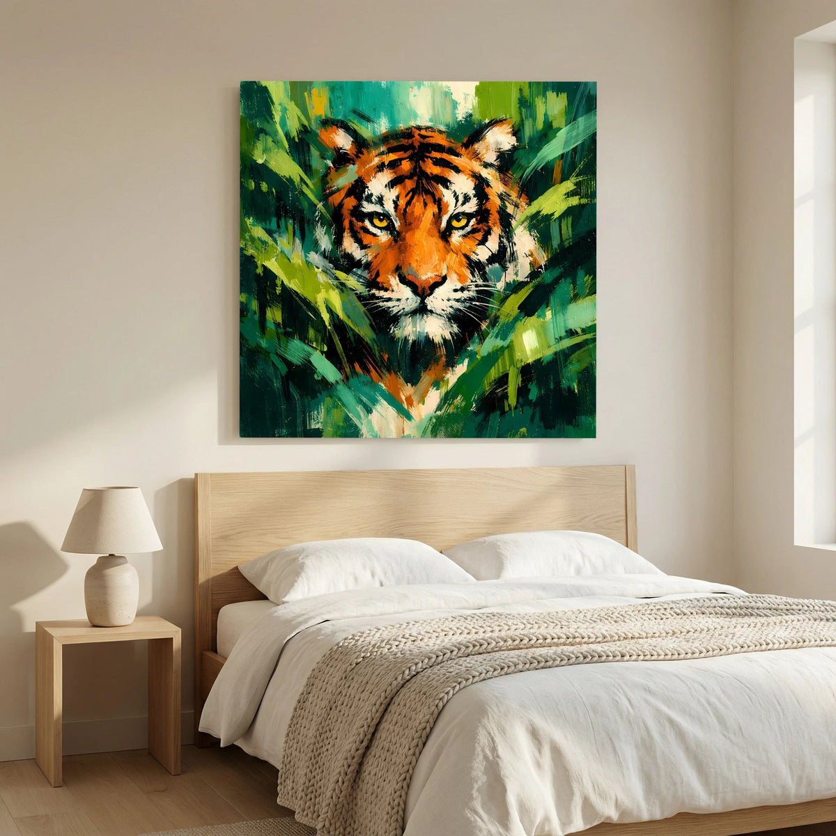 Leinwand Abstraktes Tiger Gemälde | Modernes Wandbild Raubkatze Dschungel Grün Orange