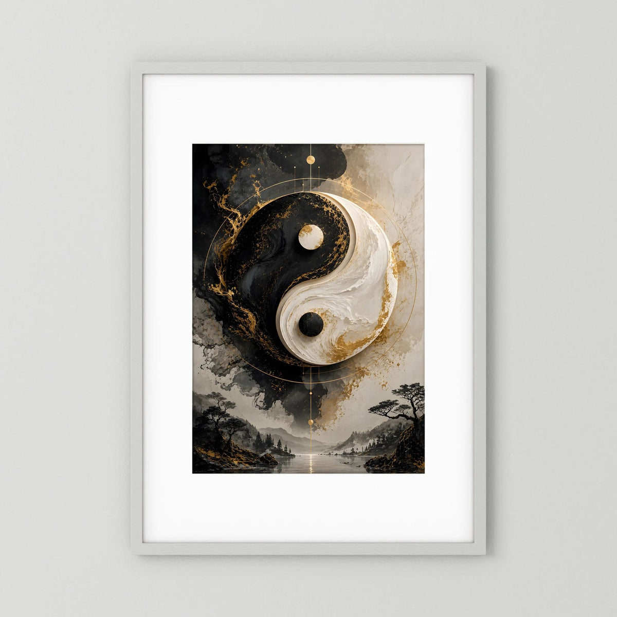 Gerahmtes Poster im Hochformat mit Yin-Yang Symbol in Schwarz und Weiß