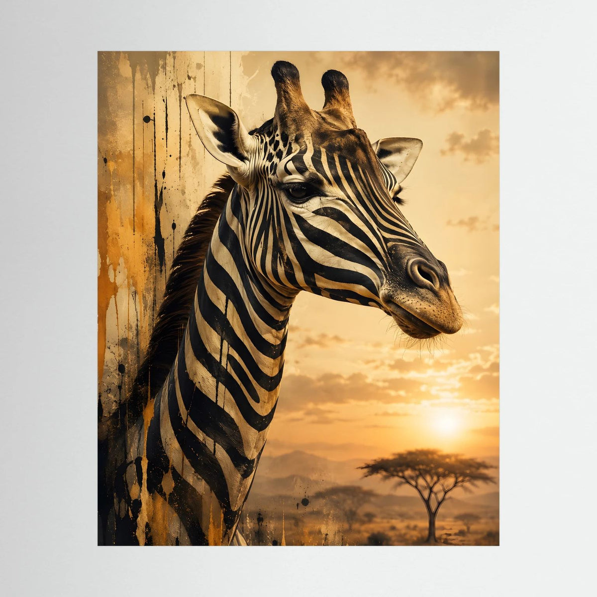 Ungerahmtes Giraffen-Tierposter im Zebra-Look mit goldfarbenem Himmel