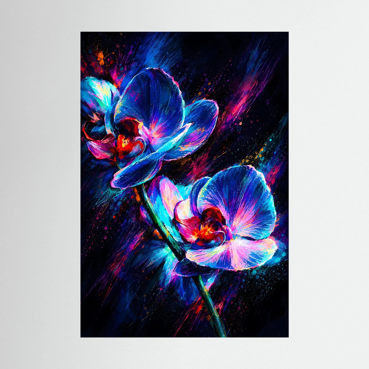 Poster mit leuchtenden Orchideen in Neon-Blau und Pink auf dunklem, abstraktem Hintergrund