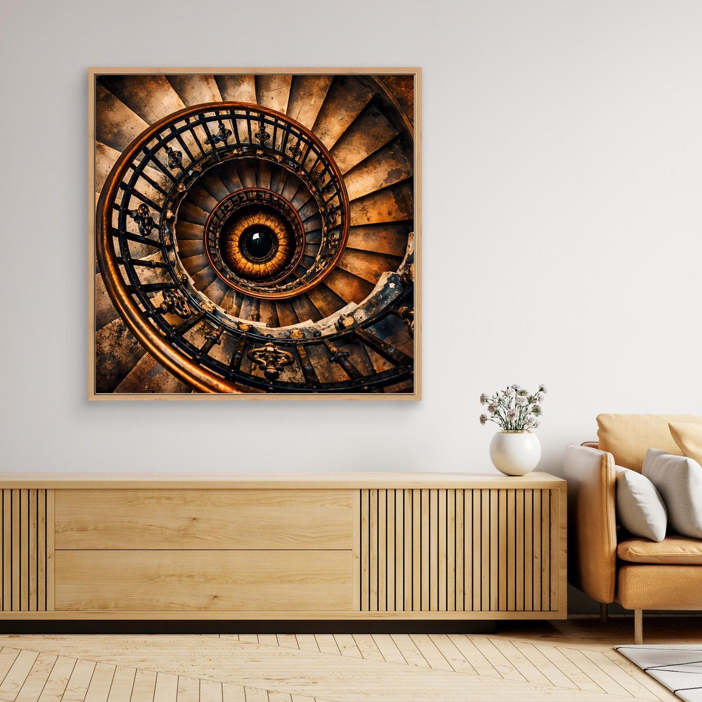 Leinwandbild mit historischer Wendeltreppe, braun-goldenes Spiralmotiv im hellen Holzrahmen