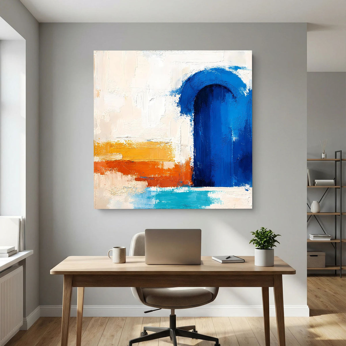 Abstraktes Leinwandbild mit blauem Torbogen, orangefarbener horizontaler Zone und türkisfarbenem Rand