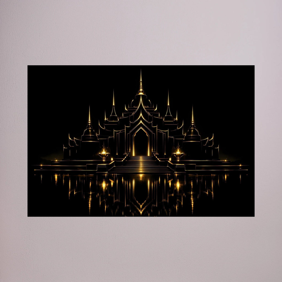 Wandbild mit goldener Tempelarchitektur, dunklem Motiv, Querformat, ohne Rahmen