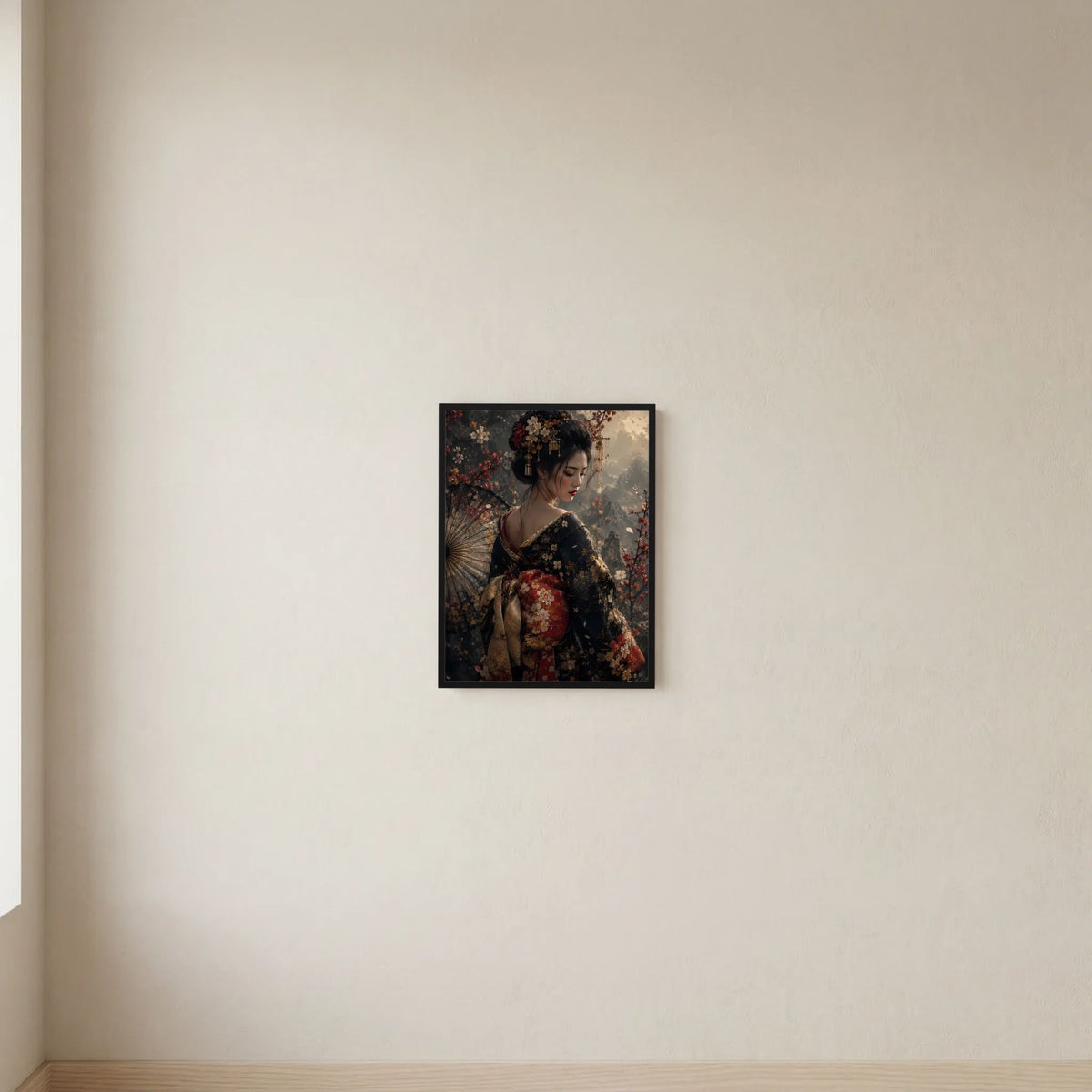 Poster mit japanischer Geisha im floralen Kimono, schwarzer Rahmen, kleines Wandformat