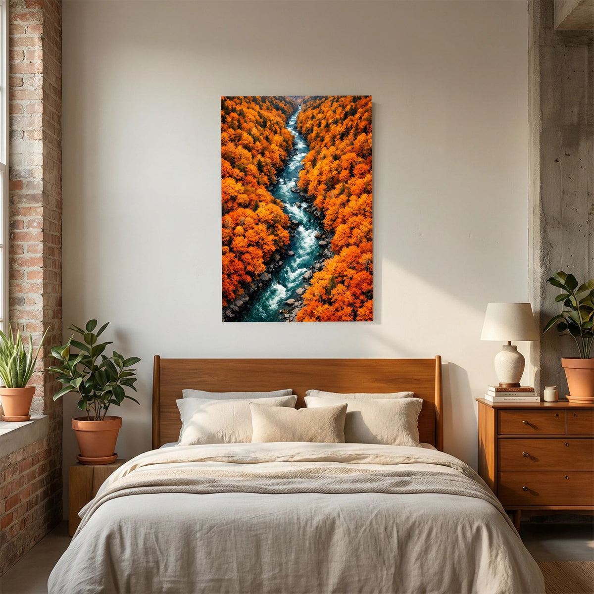 Vertikales Wandbild: kurviger Fluss im Herbstwald mit vielen orangefarbenen Kronen