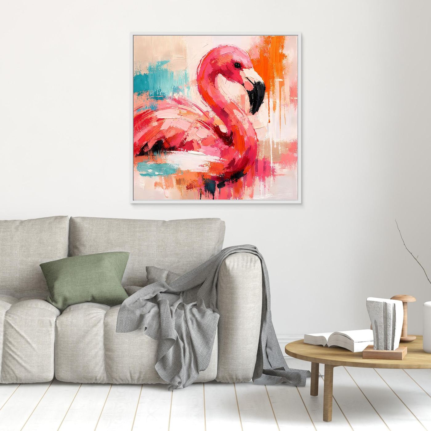 Gerahmtes Leinwandbild mit abstraktem Flamingo, rot und türkis, weißer Rahmen