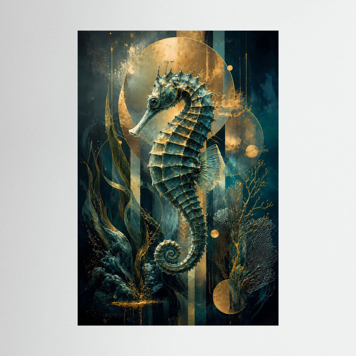 Poster im Hochformat mit Seepferdchen, petrolblauer Schuppenzeichnung und goldenen Akzenten
