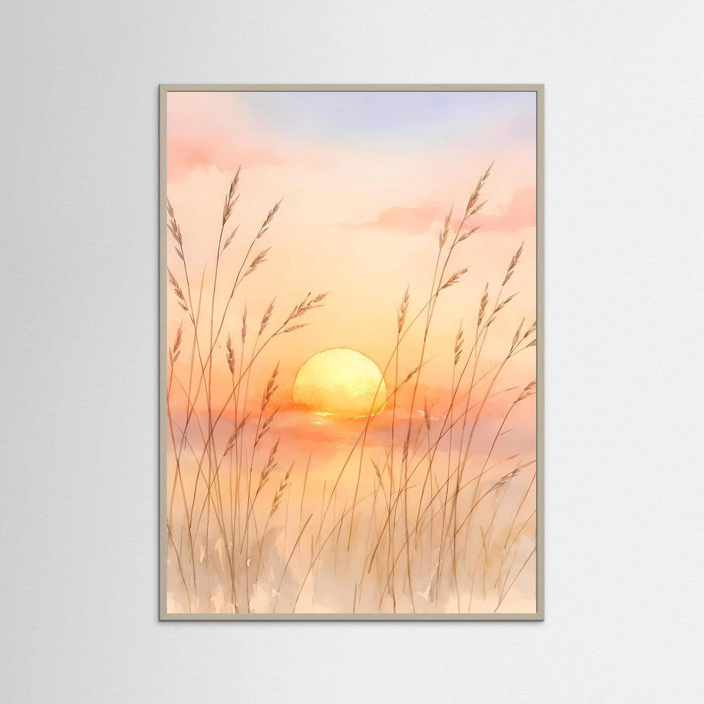 Poster Aquarell-Sonnenuntergang im Gras, grauer Rahmen, beiger Innenrand