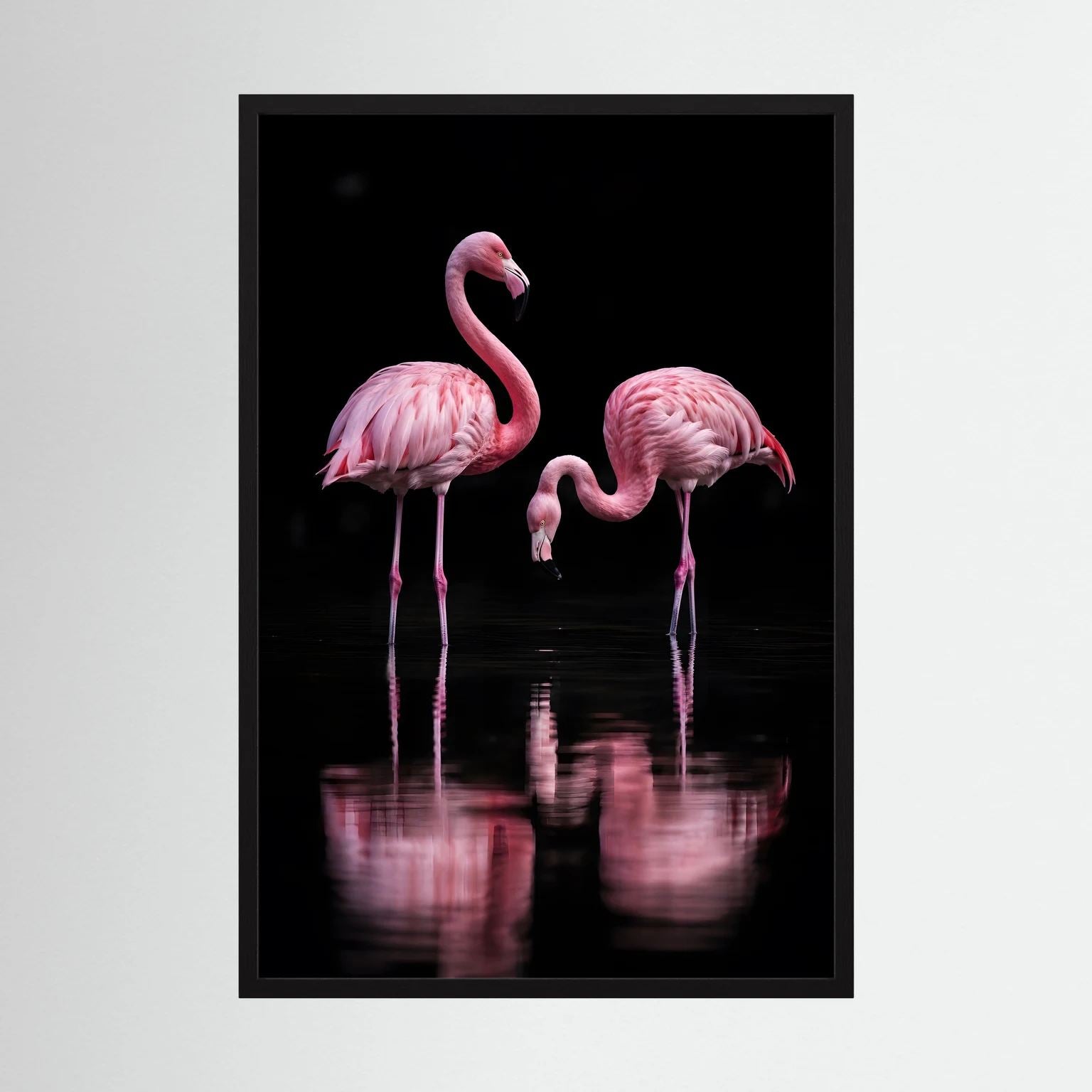 Hochformatiges Poster mit zwei rosa Flamingos auf schwarzem Hintergrund und Spiegelung