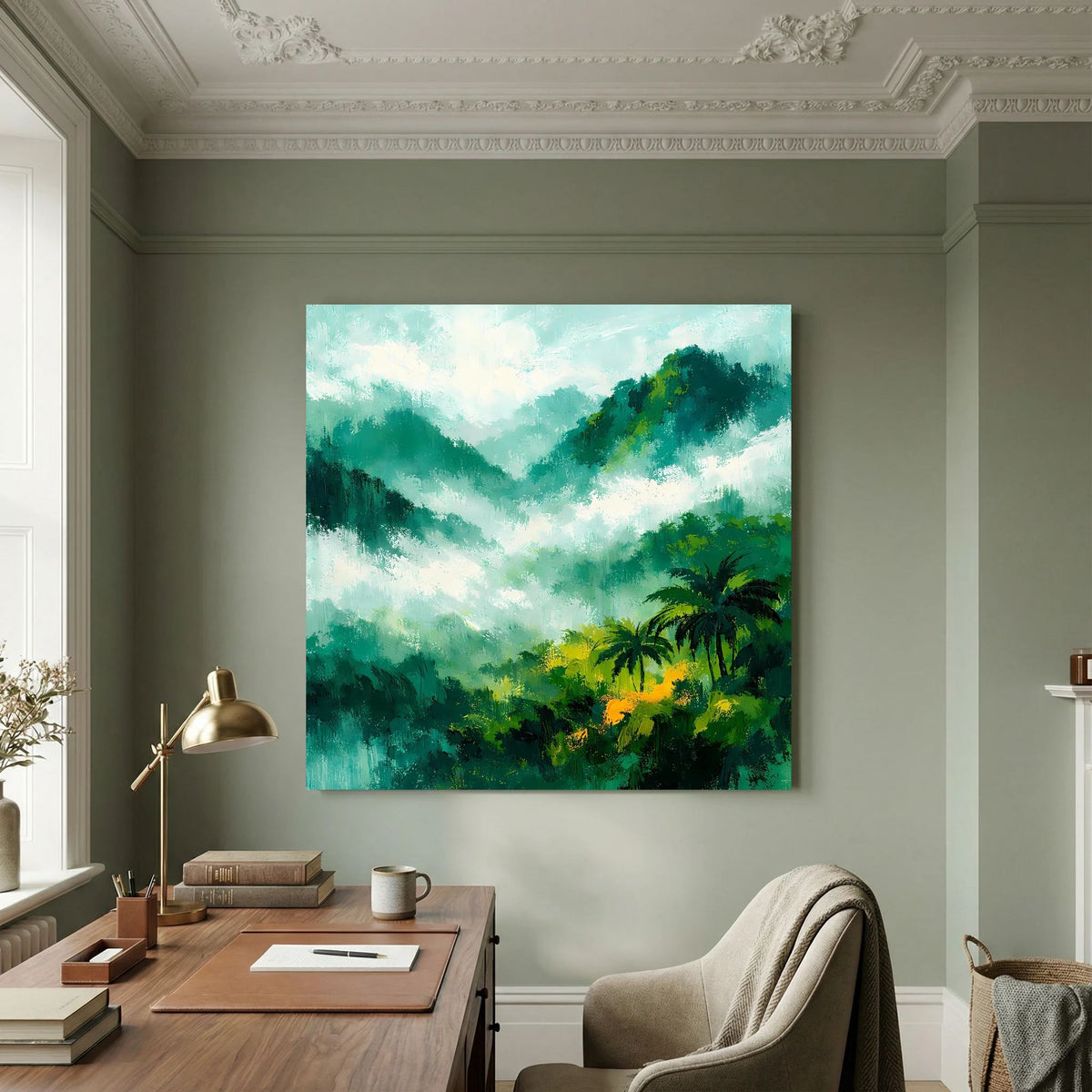 Leinwand-Wandbild mit abstraktem Dschungelgebirge, Palmen und Nebel, grün-gelb