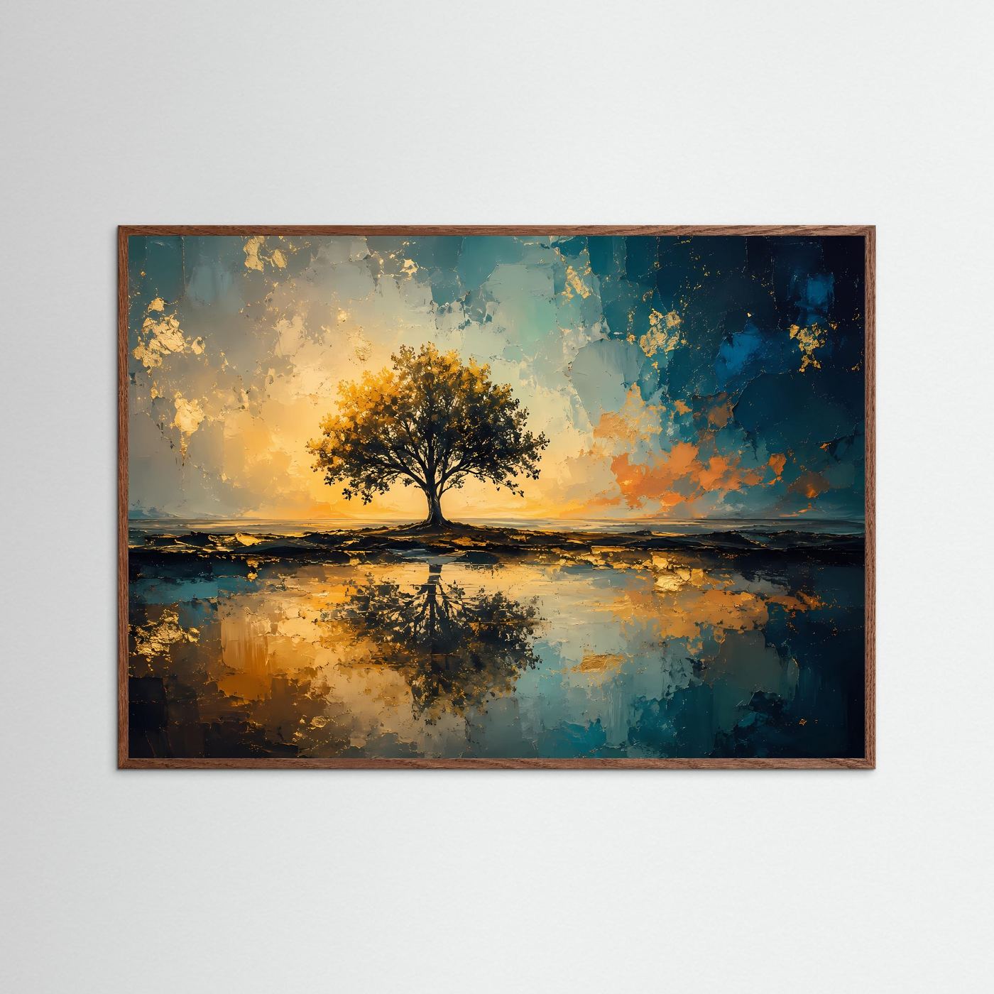 Baum des Lebens im goldenen Licht | Abstrakte Naturkunst in Petrol & Gold