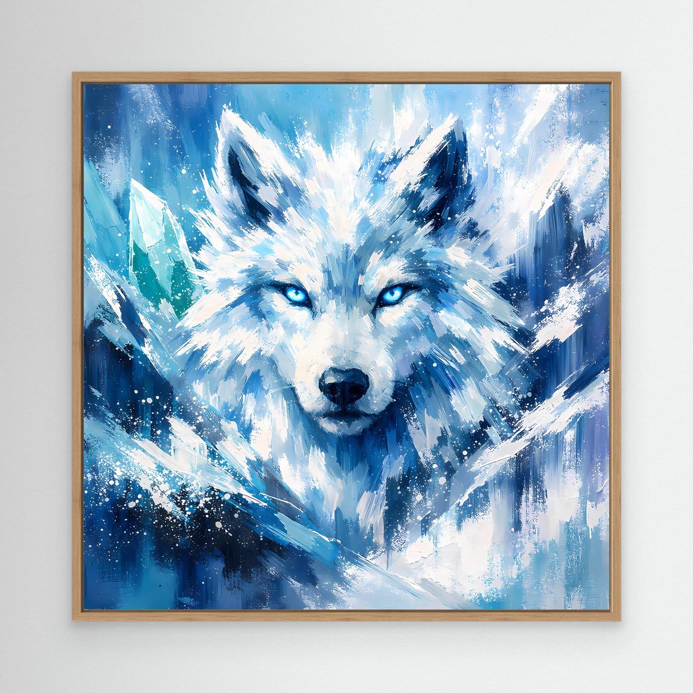 Leinwandbild mit abstraktem Eiswolf im Schneesturm, blau-weißes Motiv, Eichenrahmen