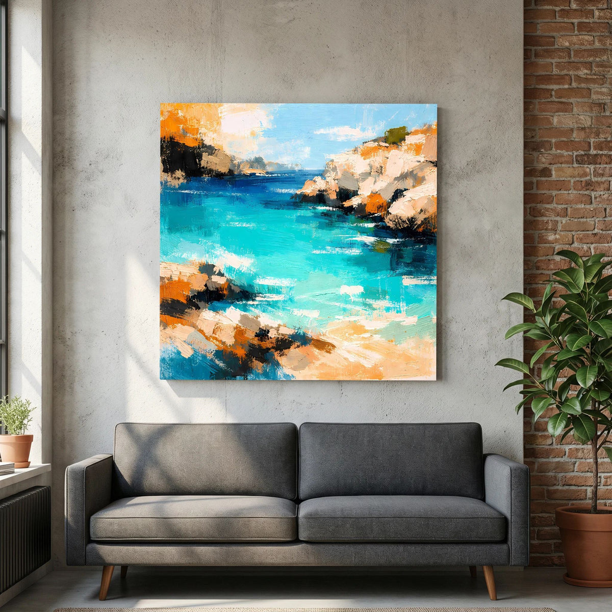 Abstraktes Küsten-Wandbild: türkisblaues Meer, orange Felsen und dunkle Farbflächen