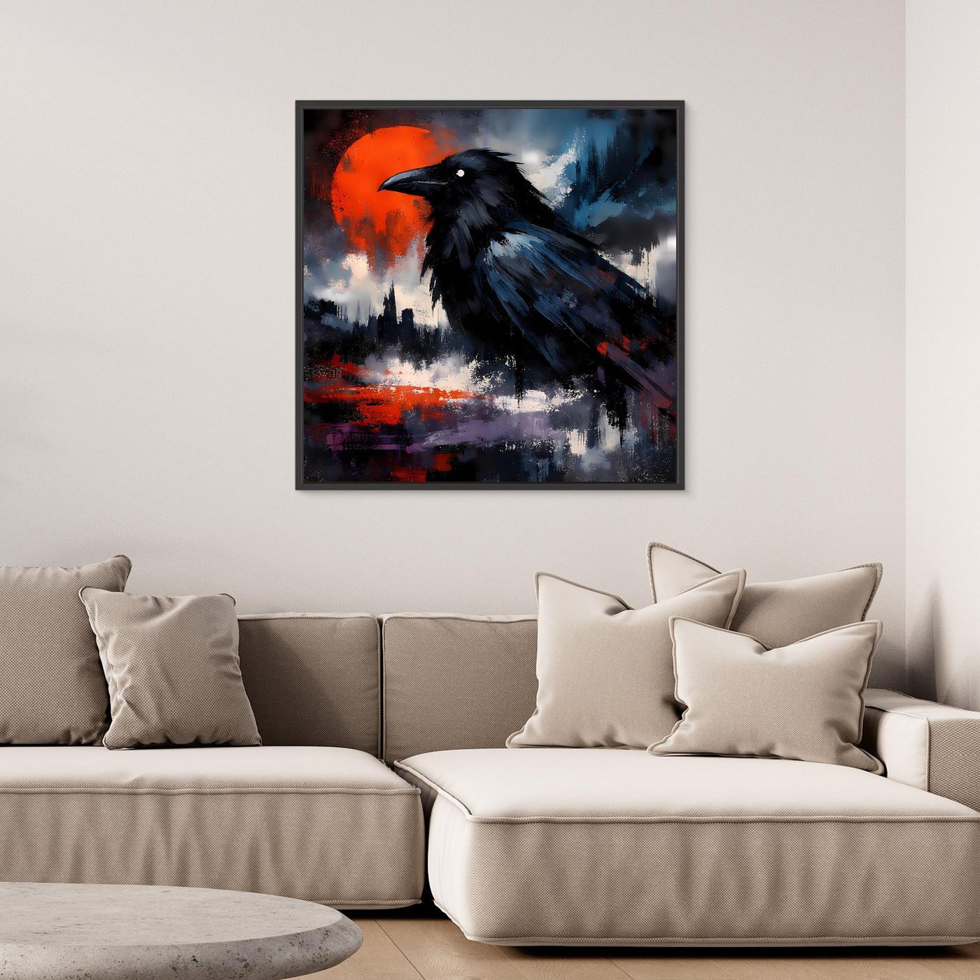 Leinwand-Wandbild mit schwarzem Raben vor rotem Vollmond, schwarzer Rahmen