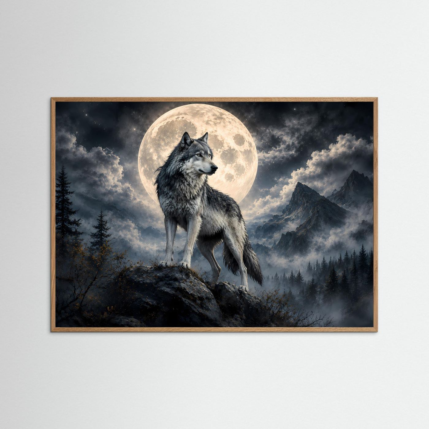 Wolf vor Vollmond Poster | Mystische Berglandschaft bei Nacht | Majestätischer Wolf Wandbild | Mondlicht Naturkunst | Premium Leinwand & Wall Art