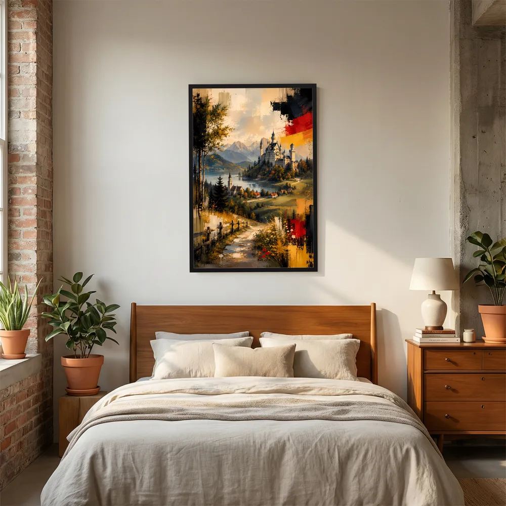 Kunstposter im Hochformat mit schwarzem Rahmen: abstraktes Schloss in den Alpen, goldene Farbakzente
