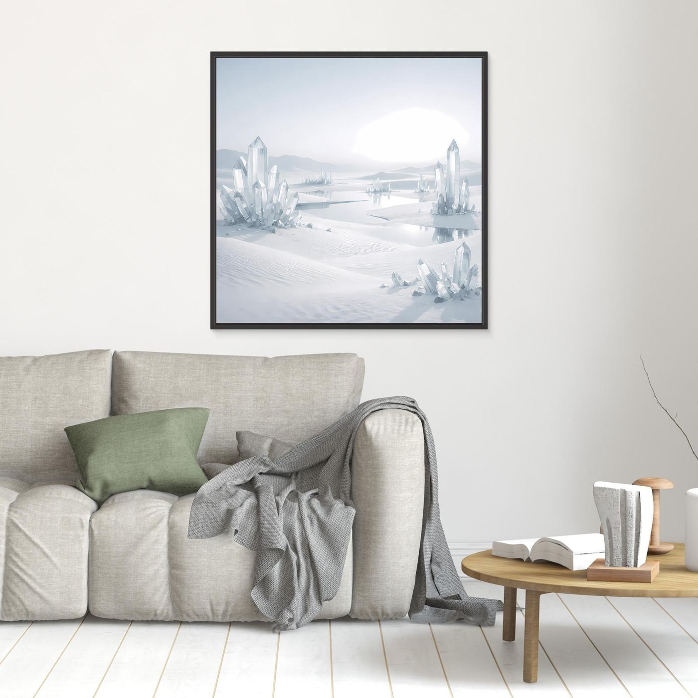 Leinwandbild mit schwarzem Rahmen: winterliche Eisberglandschaft mit kristallinen Türmen.