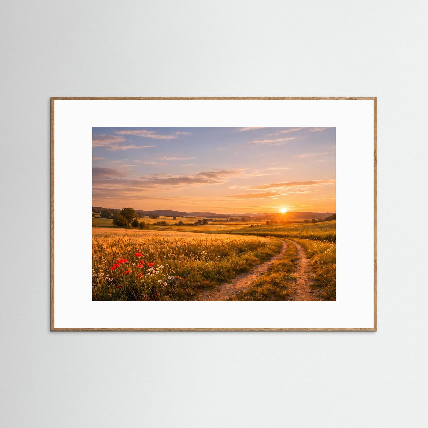 Idyllischer Sonnenuntergang im Kornfeld | Feldweg & Natur Poster Querformat
