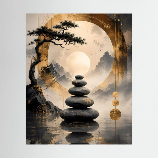Meditationsposter im Hochformat mit Stapel dunkler Zen-Steine vor Mond- und Bergmotiv