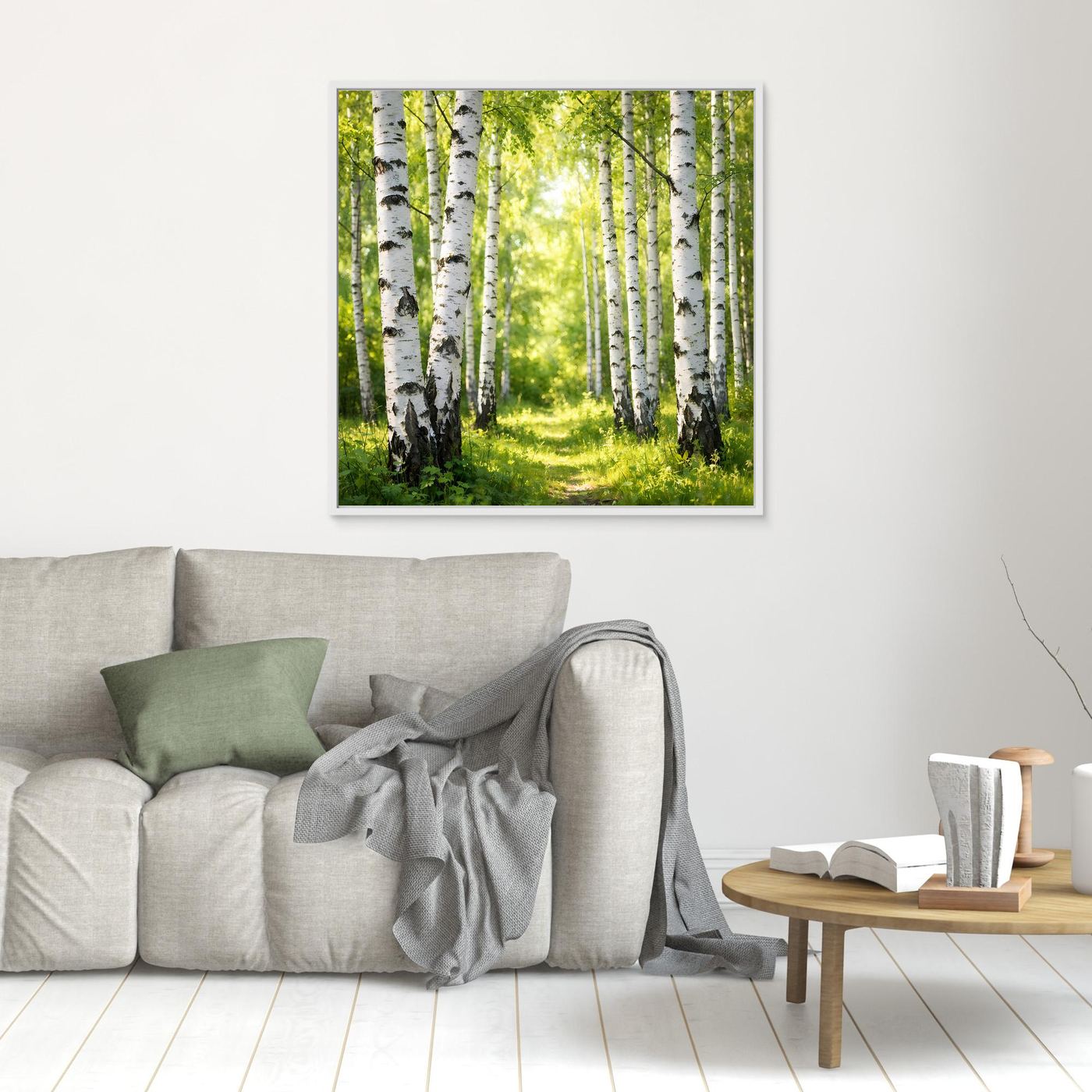Leinwandbild Birkenwald mit Sonnenlicht, dunkler Rahmen