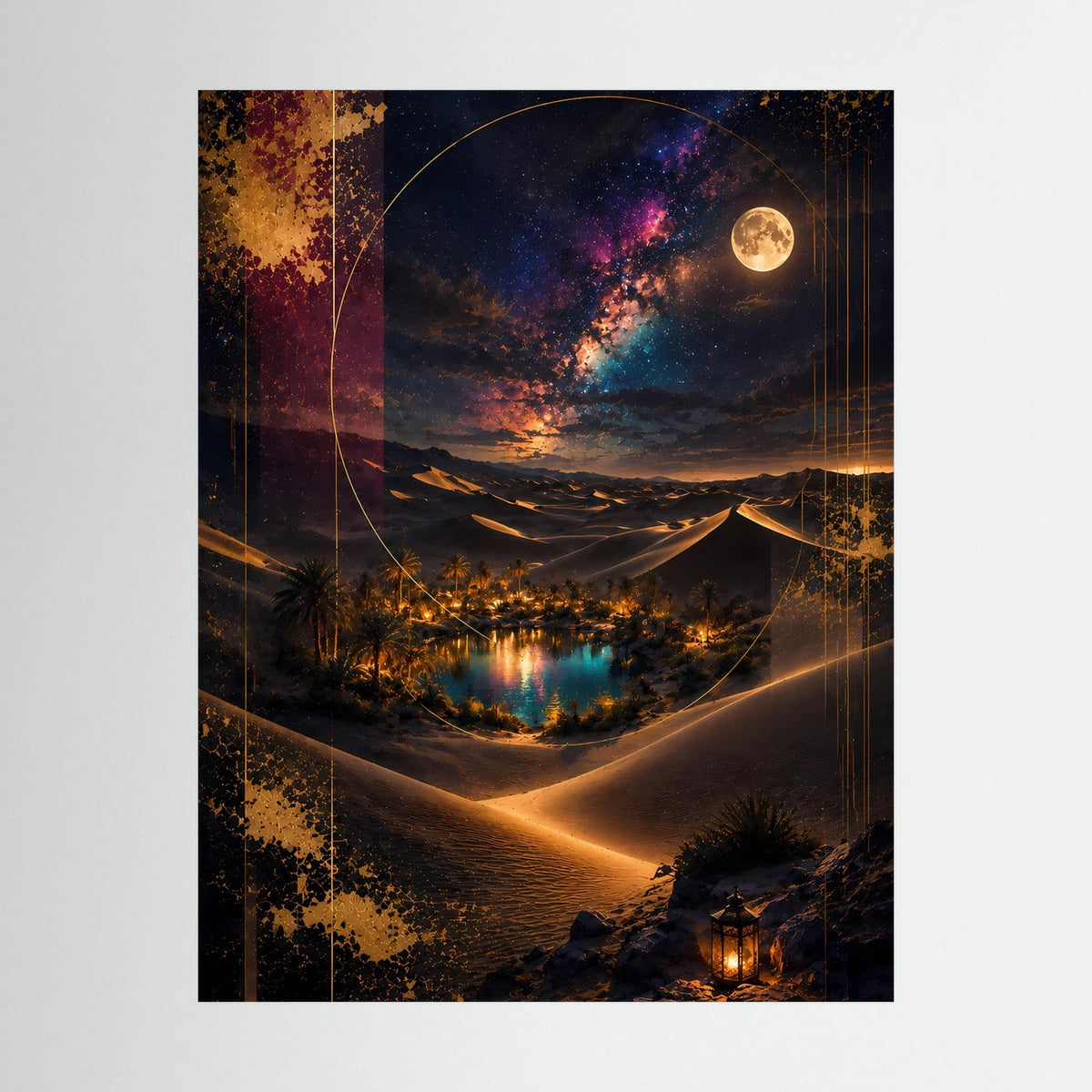 Nahansicht Poster: Wüstenoase bei Nacht mit Vollmond, Sternen und goldenen Dünen