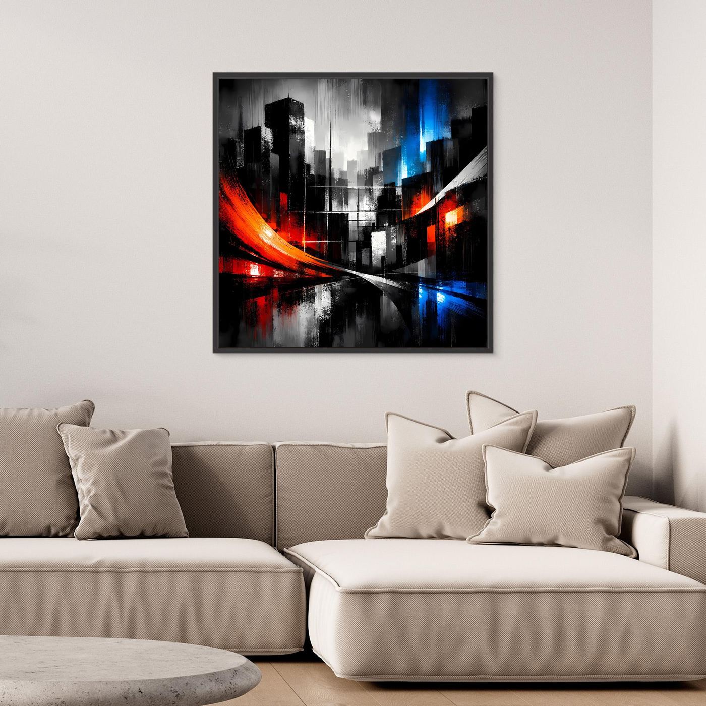 Wandbild mit abstrakter Skyline bei Nacht, schwarze Silhouette mit roten und blauen Lichtbögen
