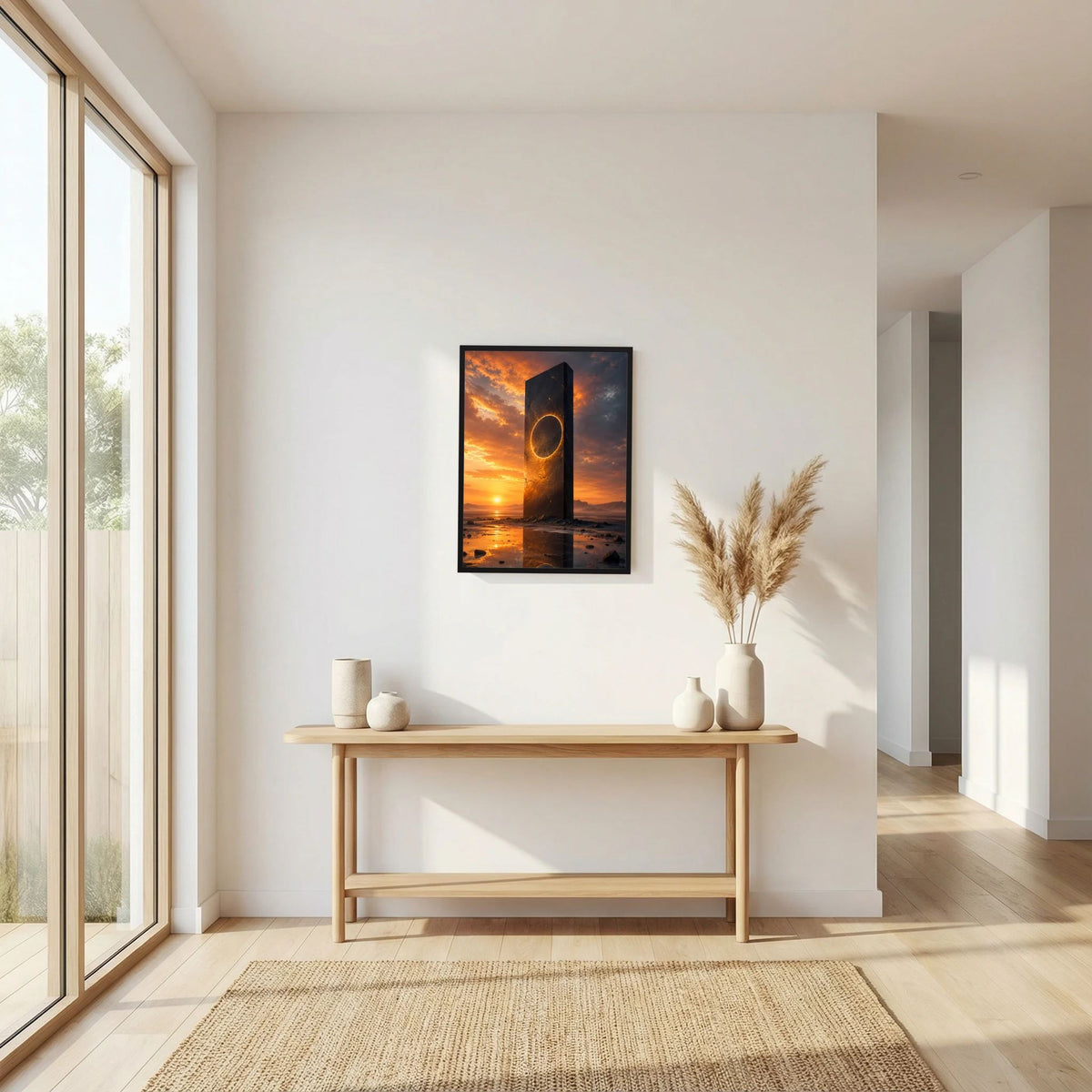 Hochformat-Poster mit schwarzem Monolithen und goldener Ringöffnung, Sonnenuntergang über dem Meer