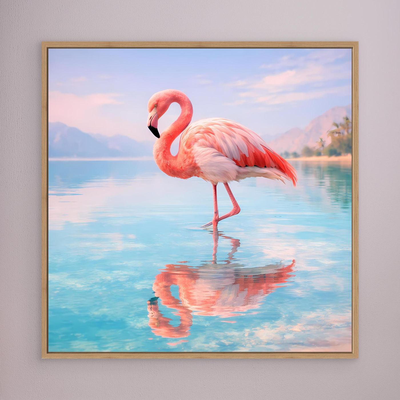 Wandbild: Flamingo am See mit Spiegelung, brauner Holzrahmen