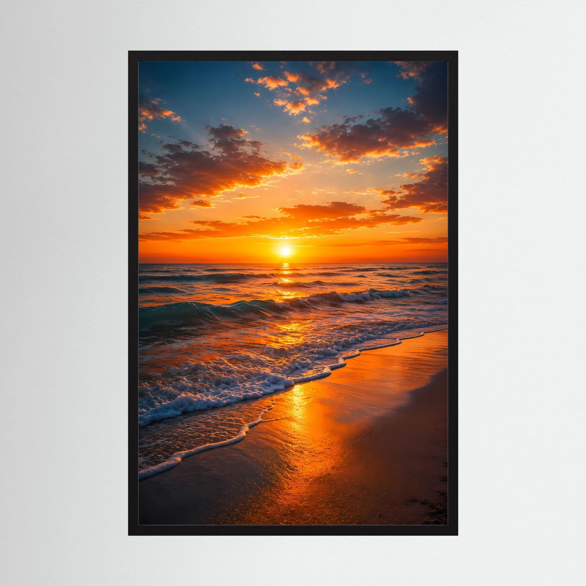 Hochformat-Poster mit Sonnenuntergang über dem Meer, schwarze Umrahmung, leuchtende Wellen