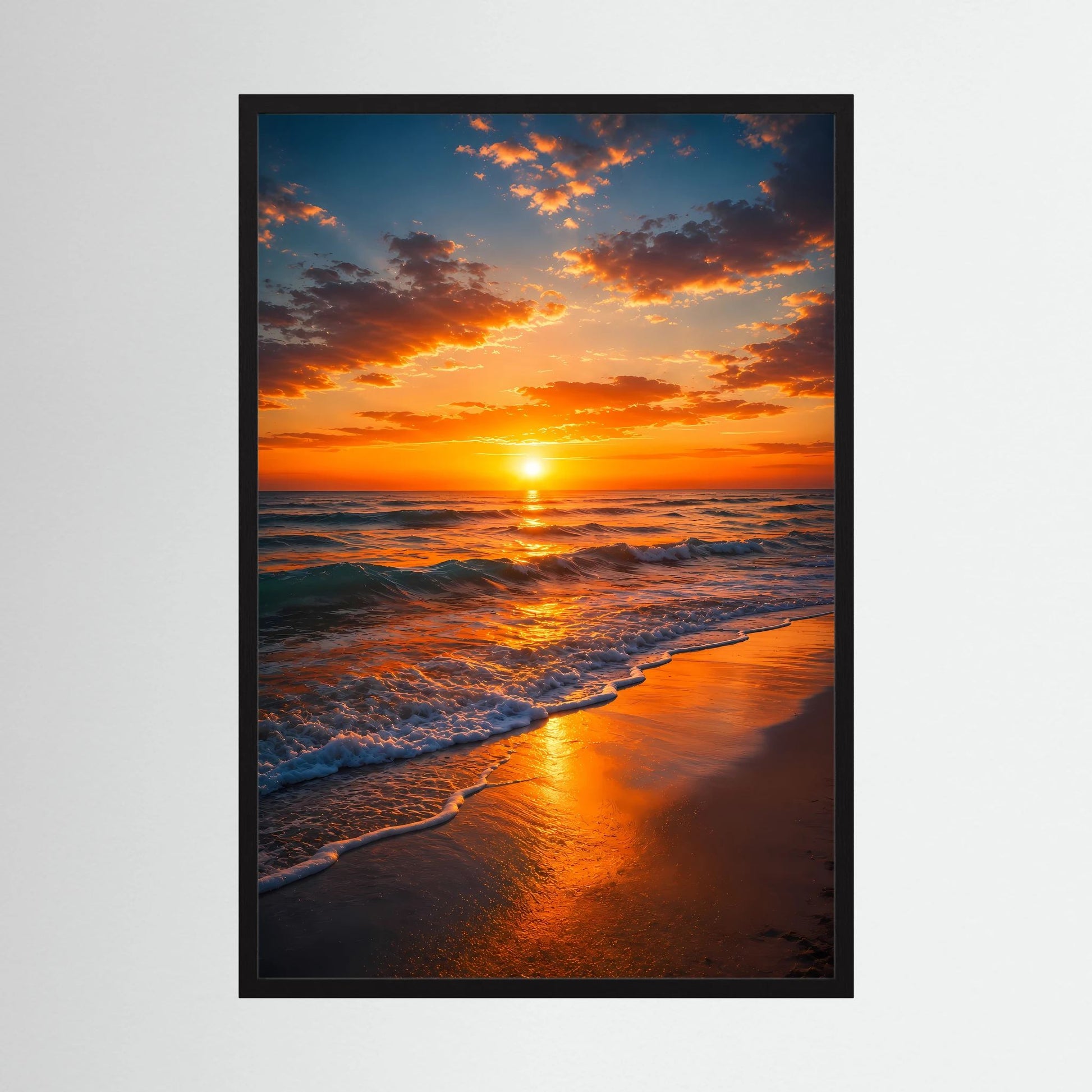 Hochformat-Poster mit Sonnenuntergang über dem Meer, schwarze Umrahmung, leuchtende Wellen