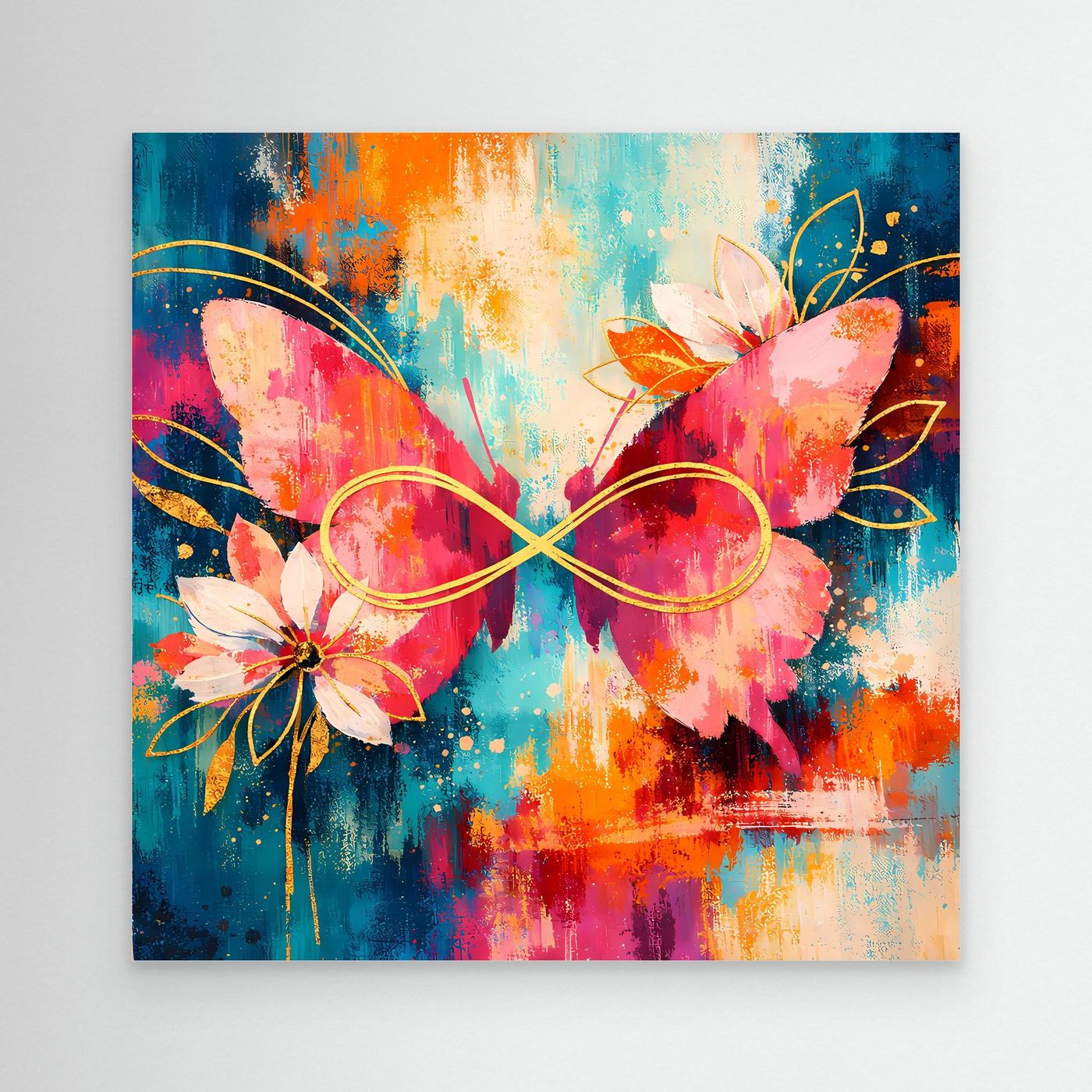 Wandbild ohne Rahmen mit abstrakten Schmetterlingen und Blüten, Unendlichkeitslinie in Rosa