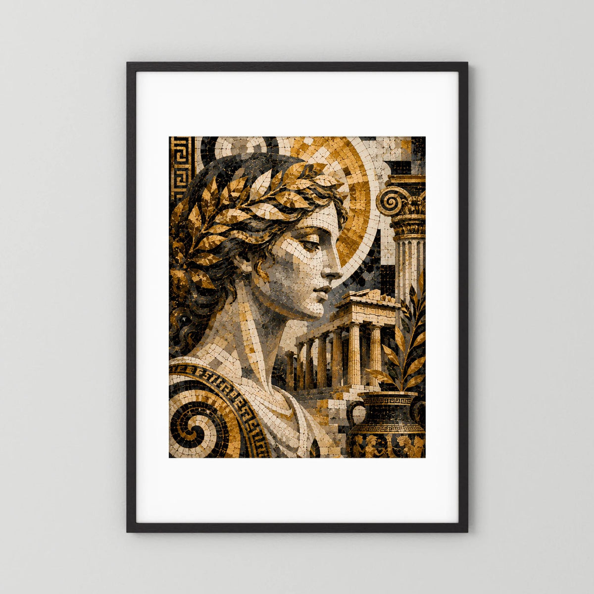 Poster mit antikem Mosaik: griechische Göttin in Gold und Schwarz, schwarzer Rahmen