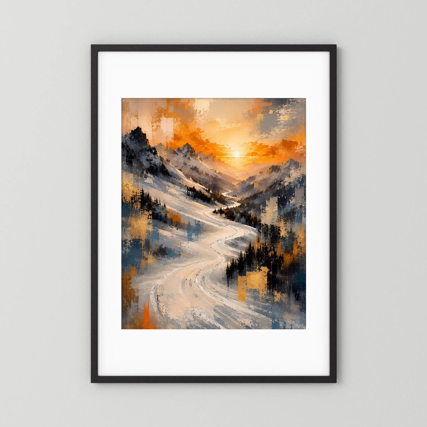 Hochformat-Poster mit weißem Passepartout und verschneiten Bergen, schwarzer Bilderrahmen