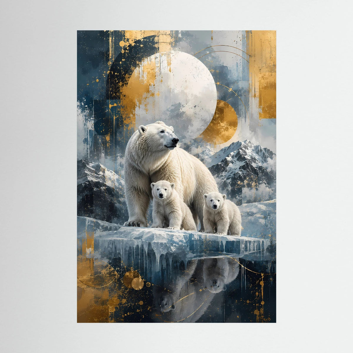 Hochformat-Poster mit Eisbärenfamilie, Mond über Eis, blau-goldene Farbgestaltung