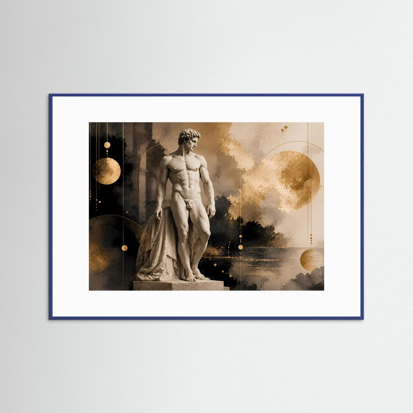 Poster Querformat mit antiker Männerstatue Schwarz-Gold, blauer Rahmenkante.