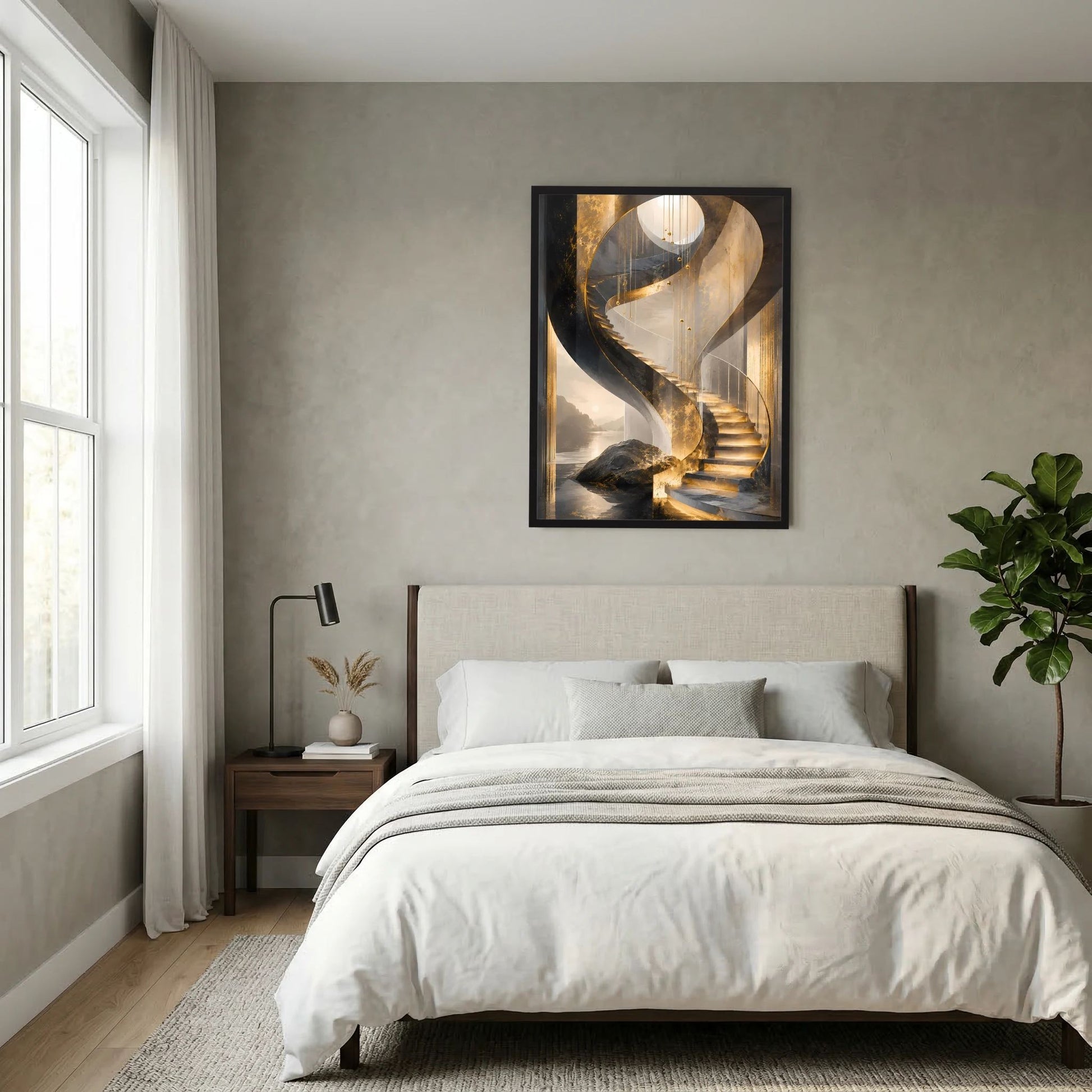 Hochformat-Wandposter mit schwarzem Rahmen: goldene Wendeltreppe zwischen dunklen Flächen.