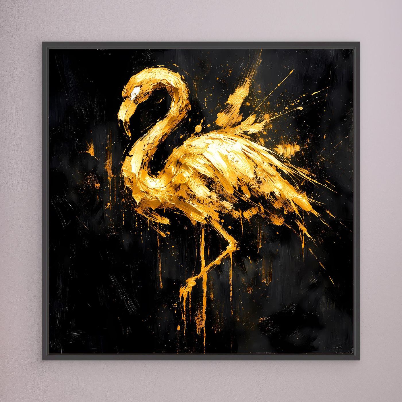 Leinwand Goldener Flamingo auf Schwarz | Abstraktes Modernes Tier Wandbild Kunst