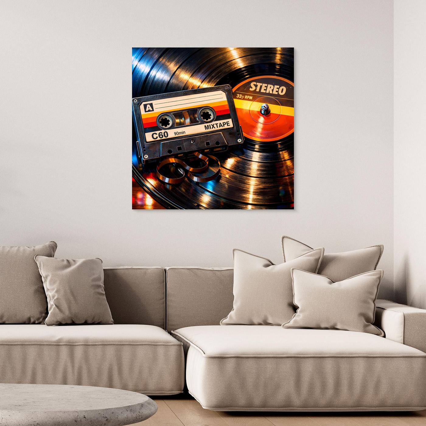 Leinwandbild mit Retro-Kassette und Schallplatte im Vintage-Stereo-Look, orange und blau
