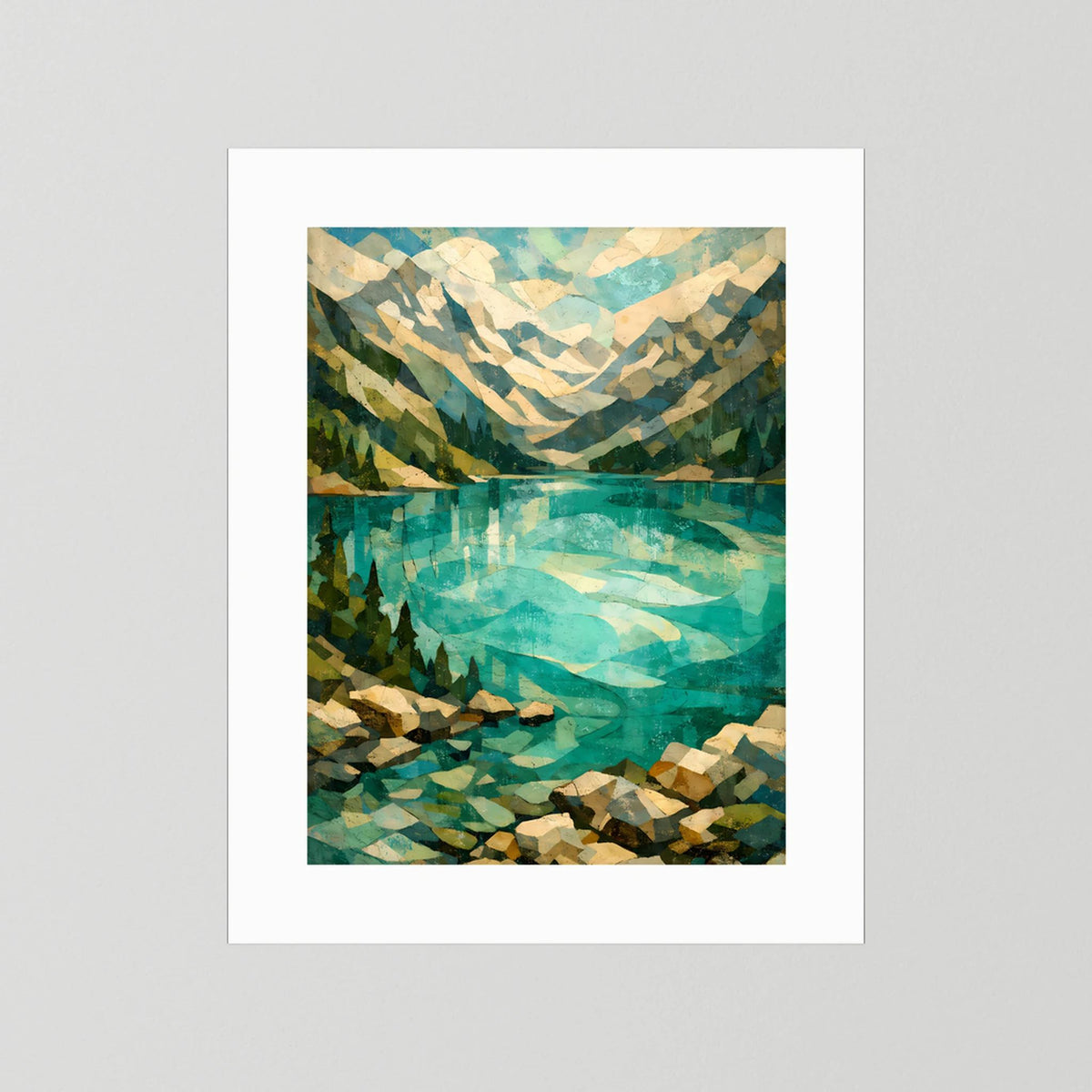 Kunstposter im Hochformat mit abstrakter Alpenlandschaft und türkisfarbener Spiegelung, weißer Rand
