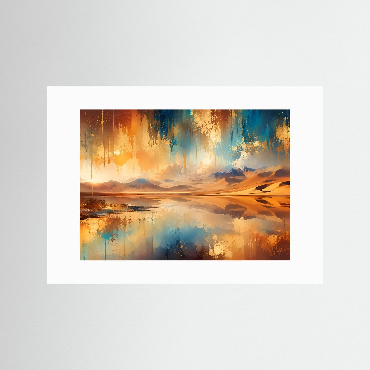 Abstrakte Wüstenlandschaft Poster Querformat | Modernes Panorama Wandbild in Gold, Blau & Sandfarben | Elegante Landschaftskunst