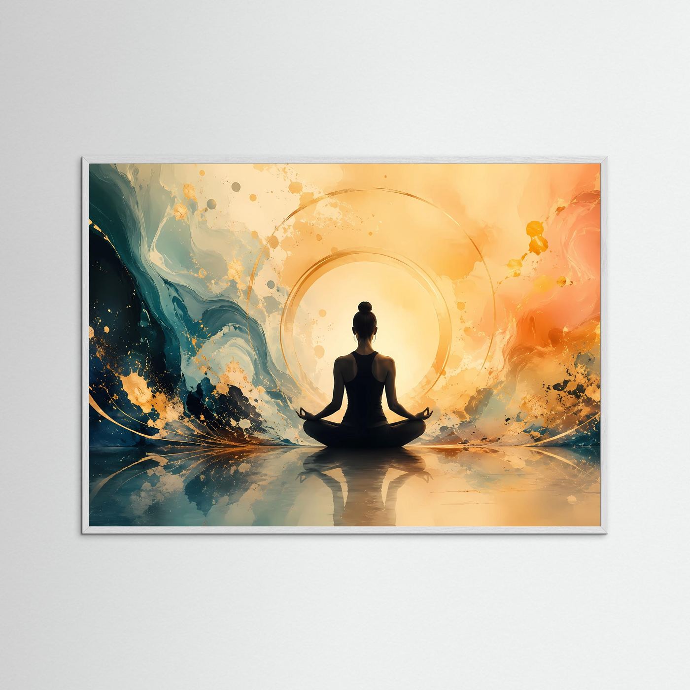Innere Ruhe und Balance: Meditierende Figur im Lichtkreis | Modernes Yoga-Poster Querformat