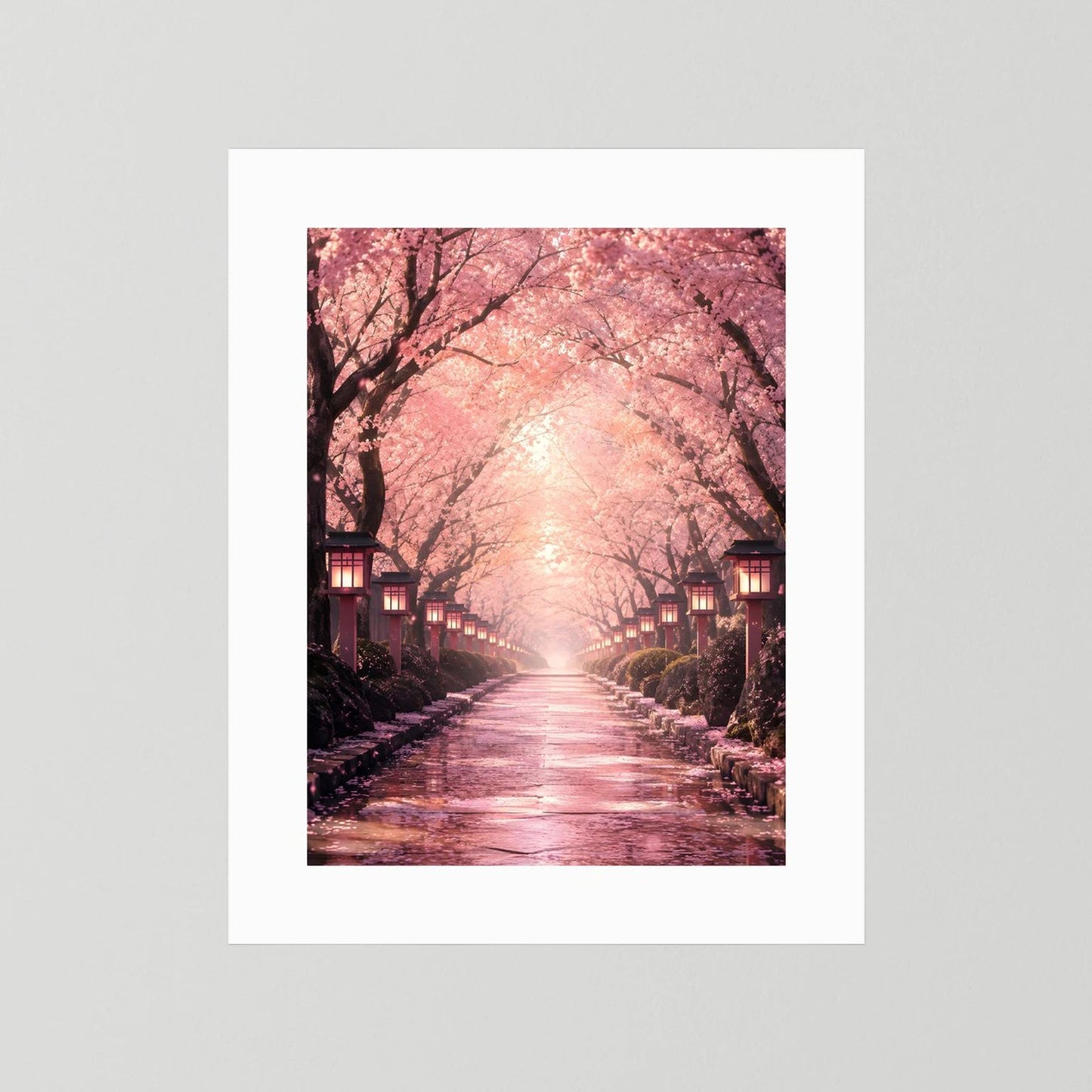 Hochformat-Wandposter mit Kirschblütenallee in Rosa, ohne Rahmen