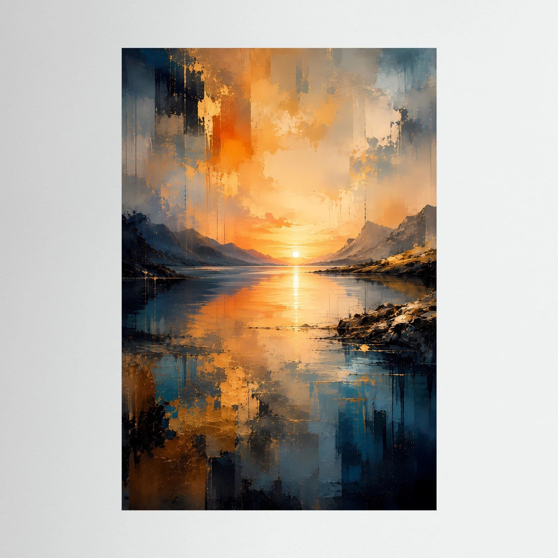 Poster im Hochformat mit abstrakter Berglandschaft und Spiegelung des Sonnenaufgangs am See, blau/orange