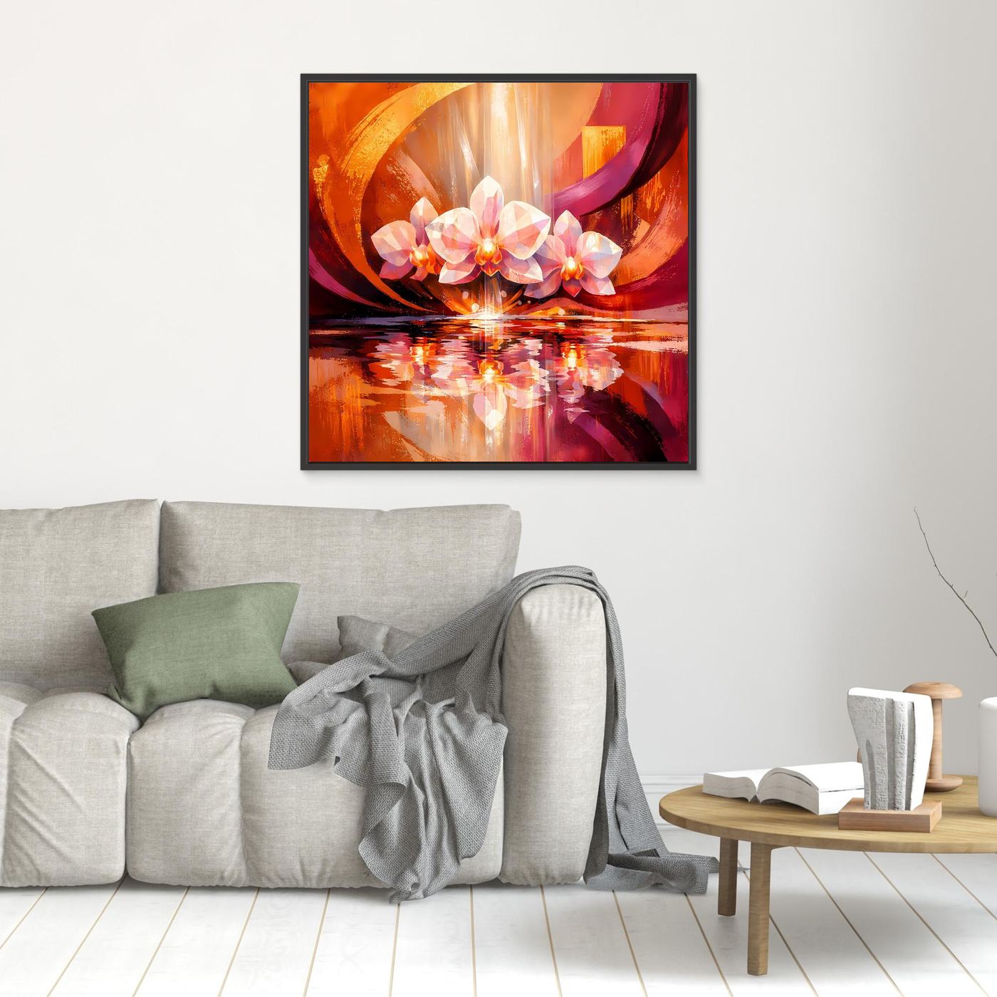 Quadratisches Leinwandbild mit abstrakten Orchideen, orange-violettem Motiv und Spiegelung, dunkel gerahmt