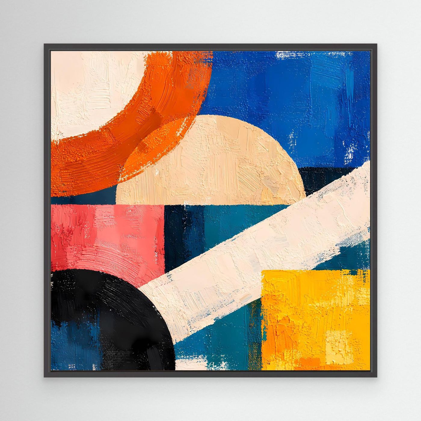 Canvas abstract geometric painting with black frame, orange blue red yellow black shapes